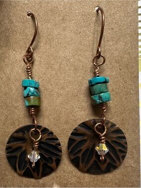 Hammered Copper & Beaded Turquoise Earrings